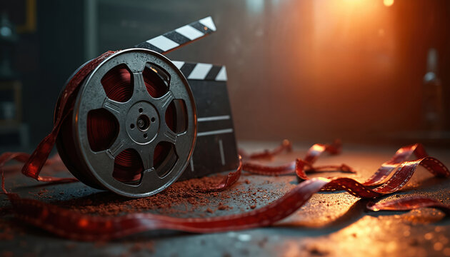 Film reel and clapper board set on dusty floor, with red film strip unwound. Cinematic background suggests film production or movie making process.