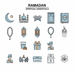 Collection of Ramadan Spiritual Symbols and Icons Featuring Mosque, Quran, and Charity Elements in Flat Design