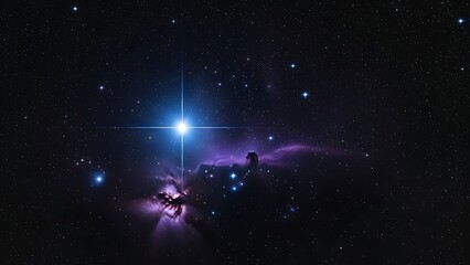a bright star shining in a dark space with purple and blue nebula and many small stars around it