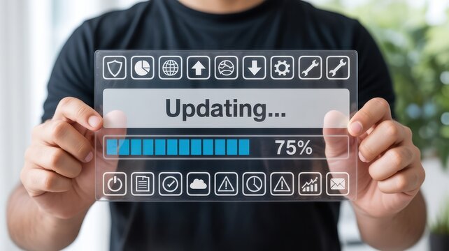 Person holding a transparent screen showing software update progress at 75%