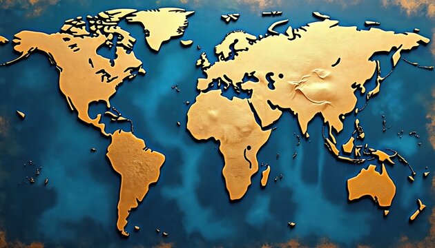 Gold world map with blue textured background. Continents and countries are raised, showing detailed relief. Global geography and travel themes.