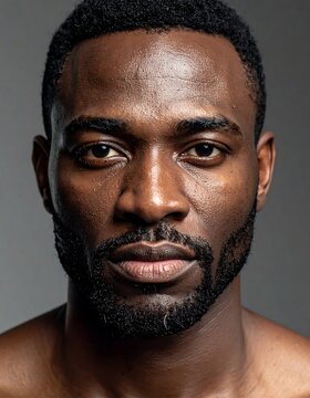 A close-up portrait of a dark-skinned man with short hair