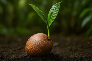 Young sprout emerging from coconut shell in fertile soil