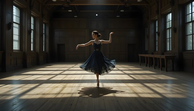 &ldquo;Solo dancer practicing in an empty hall, intense expressions, motion blur on hands and feet, dramatic shadows, artistic and emotional mood.&rdquo;

