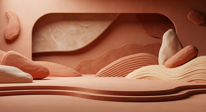 Abstract organic podium in terracotta, wavy textures and smooth stone shapes, empty product showcase, natural studio setting, 3D rendering