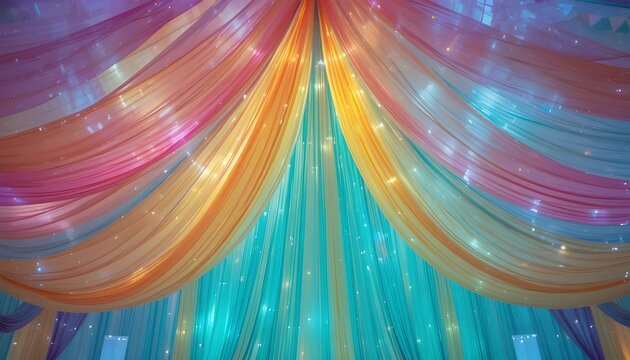 &ldquo;Vibrant colorful drapes flowing from the ceiling, layered fabrics in pink, orange, yellow, and turquoise, soft fairy lights, festive wedding d&eacute;cor.&rdquo;
