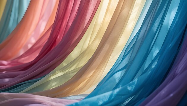 &ldquo;Close-up of multicolored drapes with rich textures, silk and chiffon fabrics, sunlight passing through, dreamy and elegant look.&rdquo;
