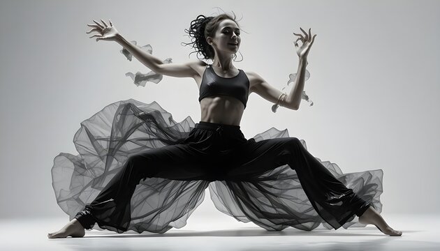 &ldquo;Solo dancer performing strange step routine, abstract movements, dramatic expressions, minimal background, high-contrast lighting.&rdquo;
