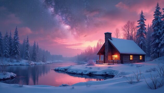 Cozy log cabin sits by frozen lake under starry pink sky and snow covered pine trees. Warm light glows from house windows in winter forest landscape.
