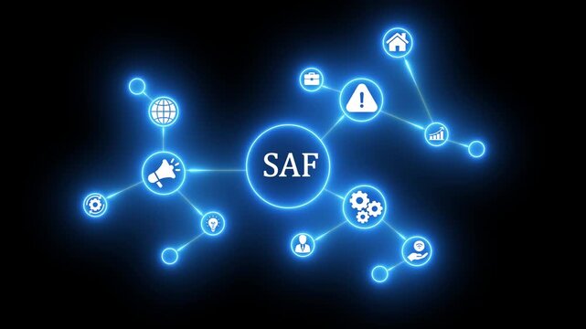 Glowing Blue Digital Network Concept with S A F Central Node and Various Connected by Lines SAF central node