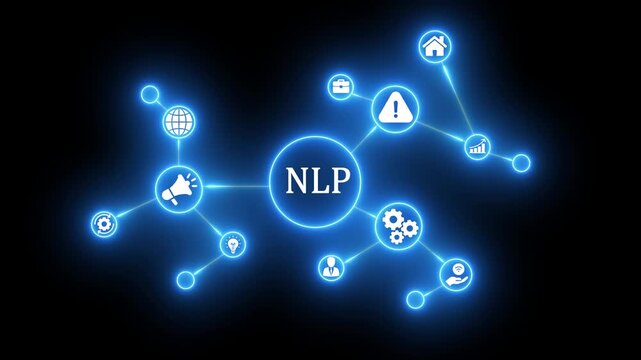 Glowing Blue N L P Concept with Interconnected and Symbols on Dark Background natural language processing