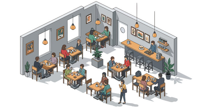 Isometric cafe interior with customers eating and staff serving vector