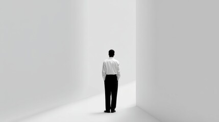 Obraz premium Man in White Shirt Stands Alone in Minimalist Space Surrounded by Bright Walls, Representing Isolation, Reflection, and the Journey Ahead