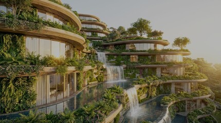 Fototapeta premium Biophilic futuristic architecture with integrated greenery