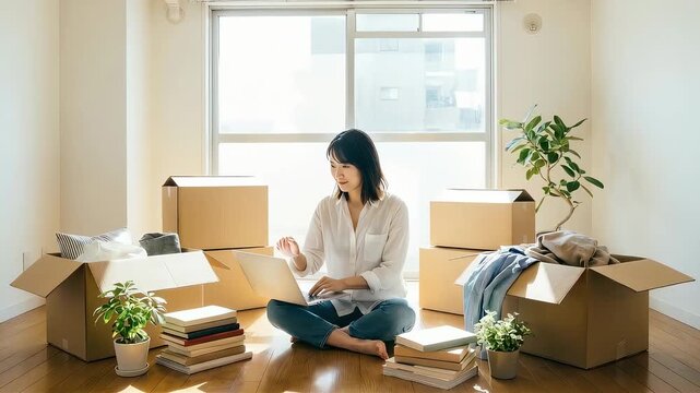 引っ越し後の新居で、積み上げられた段ボールや本に囲まれながらノートパソコンで作業をする若い女性