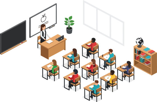 Isometric classroom interior with teacher and students learning vector