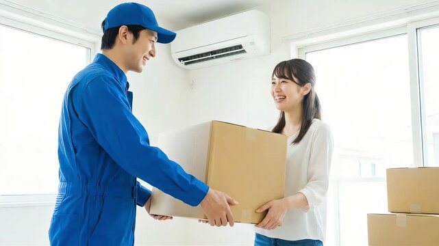 引っ越し当日の室内で、青い作業着を着た配送スタッフから荷物を受け取り、嬉しそうに微笑む女性