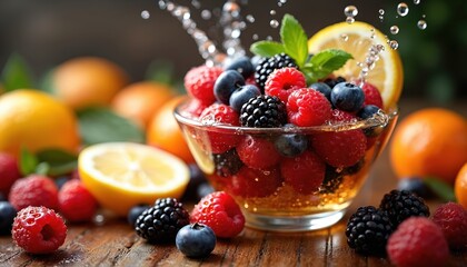 Obraz premium Mixed fresh berries like raspberries blueberries blackberries in bowl with water splash. Juicy fruits like lemon oranges surround glass dish. Healthy dessert background, natural sweetness.
