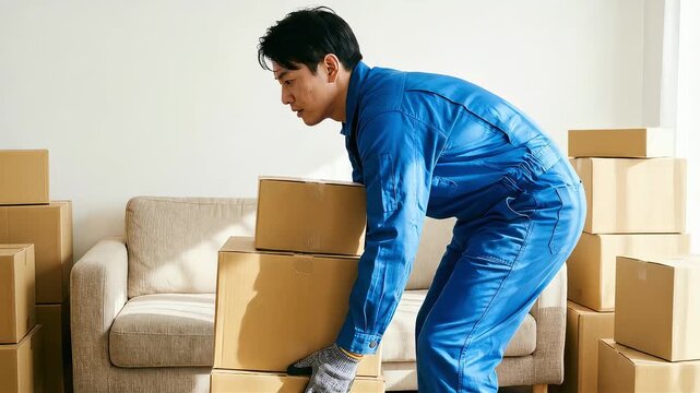 引っ越し作業を行う青いツナギ姿の男性スタッフ。明るいリビングで段ボール箱を慎重に持ち上げる様子