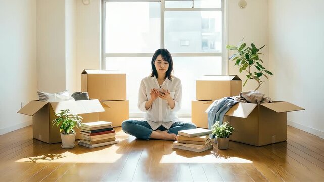 引っ越し作業の途中で、フローリングでスマートフォンを操作する女性