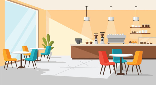 Modern coffee shop interior with tables and counter vector