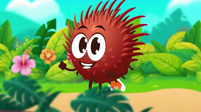 Animated Rambutan Character Running Through a Lush Tropical Forest Cartoon Loop