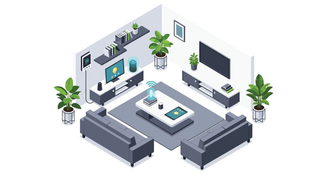 Isometric modern living room with smart home technology vector