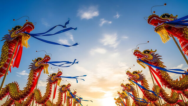Vibrant dragon dance heads with colorful ribbons against a serene sunset sky with fluffy clouds
