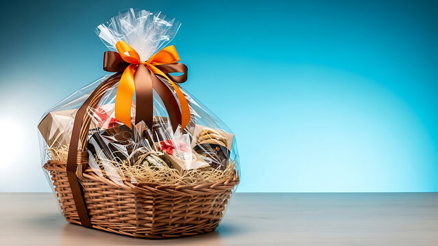 A gift basket filled with goodies wrapped in clear plastic and tied with ribbons on a table