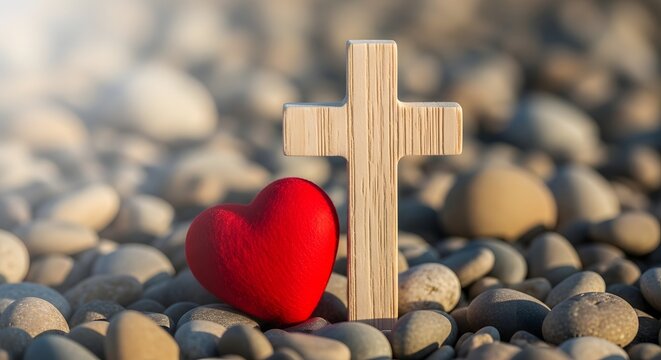 Happy easter symbolism red heart and cross on pebbles representing love and resurrection