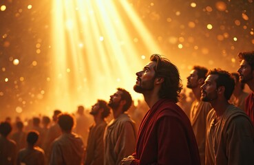 Men look up towards divine light rays descending from sky. Group witnesses heavenly event, experiencing awe and spiritual wonder. Religious scene depicts faith and divine intervention.