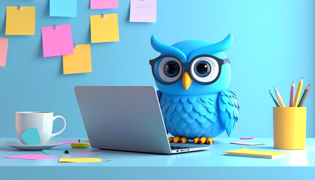 Productive 3D cartoon blue owl focused on working on a modern laptop at a tidy wooden desk. The cozy workspace is detailed with a steaming cup of coffee 