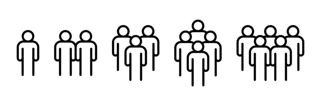 People line 1, 2, 3, 4, 5 icon set. Crowd signs. Containing volunteers, participants, group, team, meeting, organization, community, population, audience, member, discussion, assembly, interview.