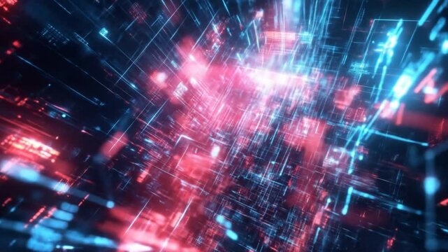 Abstract digital network data flow with blue and red color scheme