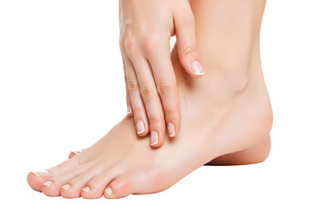 Fototapeta premium Perfect clean female feet . Beautiful and elegant groomed girl's hand touches her feet . Spa ,scrub and foot care on transparent background 