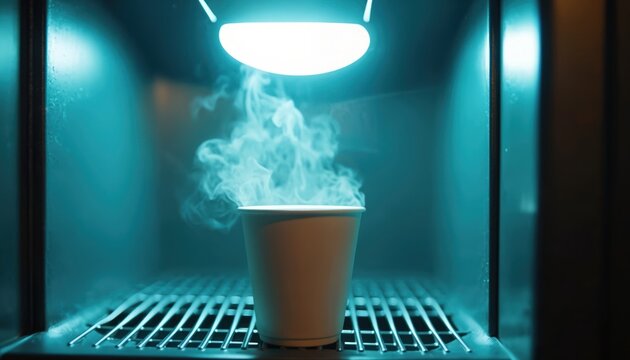 Paper cup gets hot drink from modern machine. Steam rises from beverage in automated dispenser. Coffee, tea, or other hot liquid dispensed indoors.