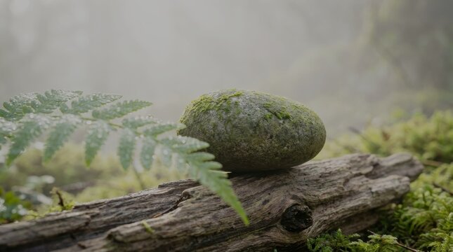 Balanced river stone with fern in tranquil mist