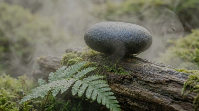 Balanced river stone with fern in tranquil mist