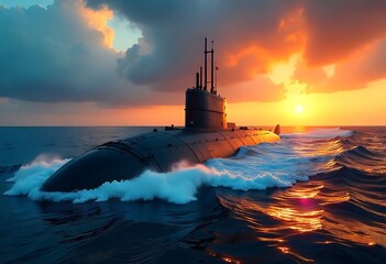 Naklejka premium Sleek modern military submarine navigating rough ocean waters, showcasing advanced naval technology, stealth design, maritime defense power, and strategic underwater warfare capabilities under.