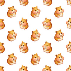 Obraz premium Adorable chubby hamster with stuffed cheeks pattern, 3D cartoon seamless design on transparent background, cute pet icon