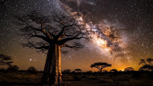Tree Silhouetted Against Milky Way Galaxy in Night Sky Landscape