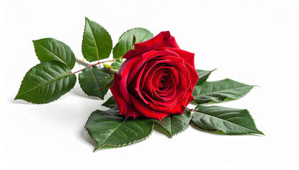 Beautiful red rose with green leaves on stem isolated on transparent background