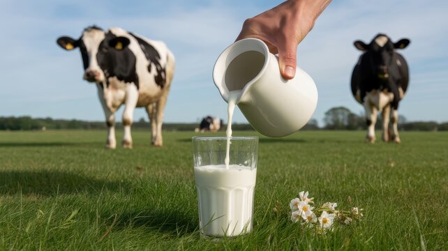 Hand pouring fresh milk into a glass in a green field with cows