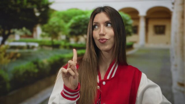 Woman in red cheerleader uniform points index finger outside an old university building; skepticism.