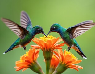 Obraz premium Two hummingbirds hover mid-air, drinking nectar from bright orange flowers. Iridescent green, blue feathers shimmer against soft green background. Tiny birds flutter fast, feed on blooming plant.