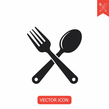 Black Fork and Spoon Crossed Vector Icon.