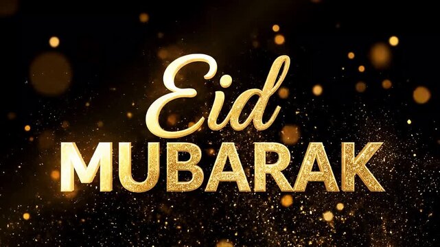 Eid Mubarak greeting written in shining gold 3D typography appearing through a burst of golden sand particles and soft light circles