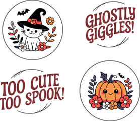 Fototapeta premium Halloween stickers collection featuring cute black cat witch and smiling pumpkin with spooky puns
