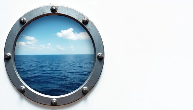 Round metal porthole on ship reveals endless blue ocean and sky. Nautical window offers view of calm sea and fluffy clouds, suggesting travel and marine adventure.