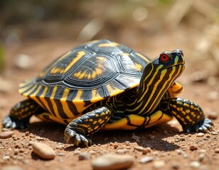 Naklejka premium Ornate box turtle with bright red eyes and yellow stripes on neck and shell walks on dry ground with small rocks. Reptile shows patterned skin and scaly feet in natural habitat outdoor.